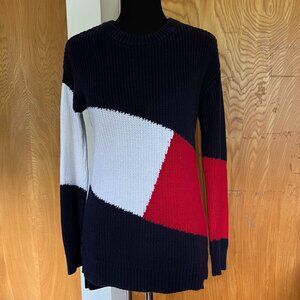 Tommy Hilfiger Navy Red White Logo Sweater Knit Long Sleeve Top Size M
